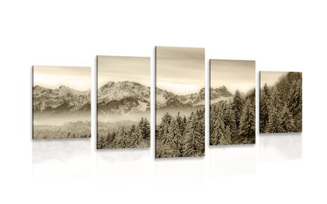 QUADRO IN 5 PARTI MONTAGNA GHIACCIATA IN SEPPIA - QUADRI BIANCO E NERO - QUADRI