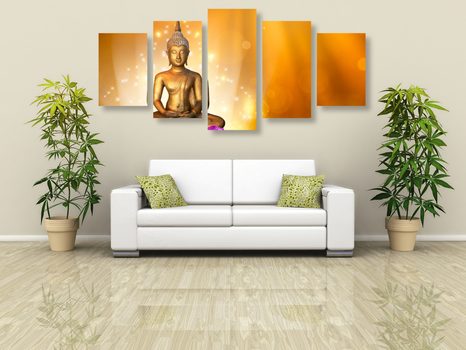 TABLOU 5-PIESE STATUIE BUDDHA PE O FLOARE DE LOTUS - TABLOURI FENG SHUI - TABLOURI
