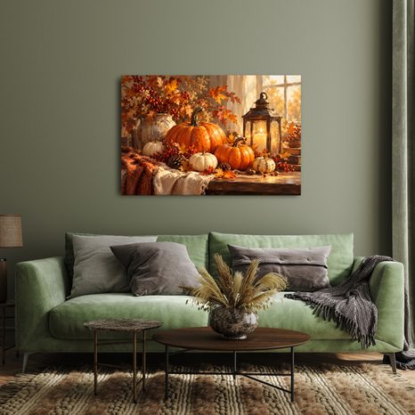 QUADRO SU TELA – ZUCCHE AUTUNNALI E LANTERNA CALDA - QUADRI HALLOWEEN E HORROR - STAMPE E QUADRI