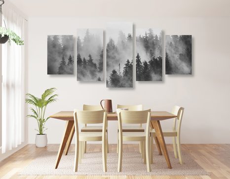 5-DÍLNÝ OBRAZ HORY V MLZE V ČERNOBÍLÉM PROVEDENÍ - ČERNOBÍLÉ OBRAZY - OBRAZY