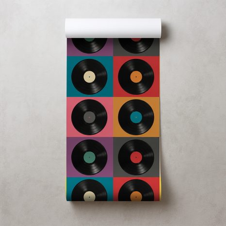 TAPETE RETRO VINYLPLATTEN AUF BUNTEM HINTERGRUND - MUSIK FOTOTAPETEN - TAPETEN