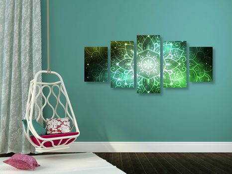 5 RÉSZES KÉP MANDALA GALAKTIKUS HÁTTÉRREL ZÖLD SZÍNBEN - FENG SHUI KÉPEK - KÉPEK
