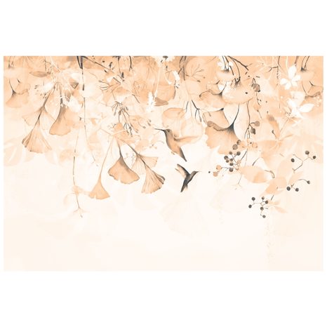 SAMOLEPIACA TAPETA LISTY S KOLIBRÍKMI V ODTIENI PEACH FUZZ - SAMOLEPIACE TAPETY - TAPETY