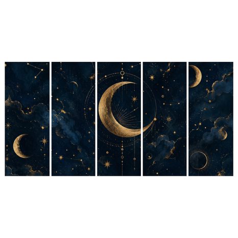 5-TEILIGES WANDBILD GOLDENER MOND ZWISCHEN STERNBILDERN - WANDBILDER MOND - BILDER