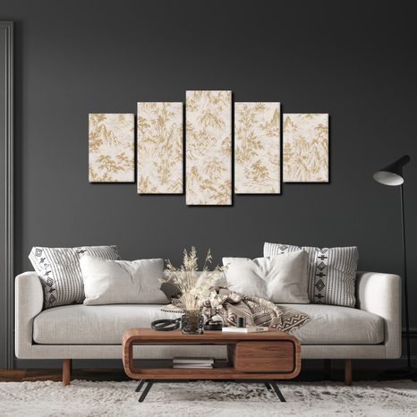 5-TEILIGES WANDBILD GOLDENE ORIENTALISCHE LANDSCHAFT - BILDER MIT FENG SHUI-MOTIVEN - BILDER