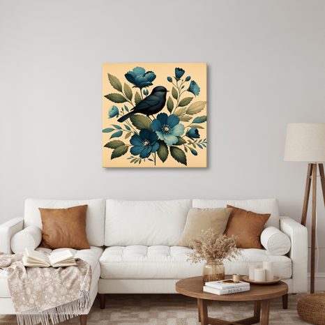 WANDBILD VÖGELCHEN AUF AST MIT BLAUEN BLUMEN - BILDER VON VÖGELN - BILDER