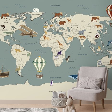 TAPETA ILUSTROVANÁ MAPA SVĚTA SE ZVÍŘATY - DĚTSKÉ TAPETY - TAPETY