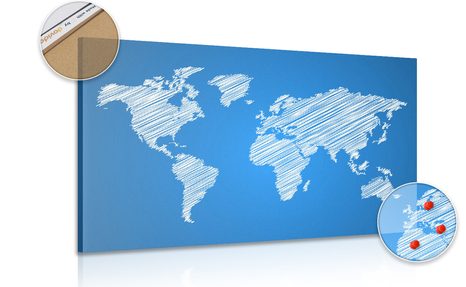 DECORATIVE PINBOARD HATCHED MAP OF THE WORLD ON A BLUE BACKGROUND - PICTURES ON CORK - PICTURES