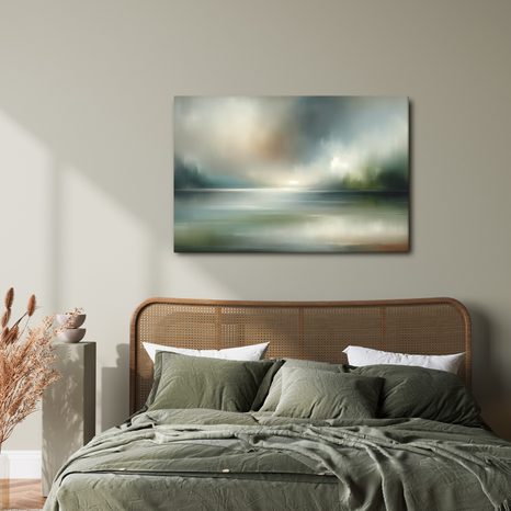 WANDBILD NEBLIGES PANORAMA MIT WASSERFLÄCHE - ABSTRAKTE BILDER - BILDER