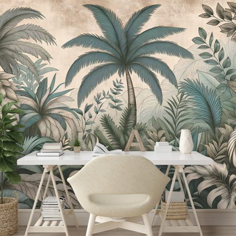 CARTA DA PARATI – GIUNGLA TROPICALE IN TONI PASTELLO - CARTA DA PARATI GIUNGLA - CARTA DA PARATI