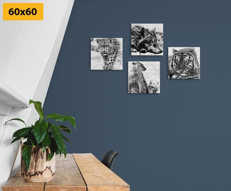 SET OBRAZŮ ZVÍŘATA V ČERNOBÍLÉM AKVARELOVÉM PROVEDENÍ - SESTAVY OBRAZŮ - OBRAZY