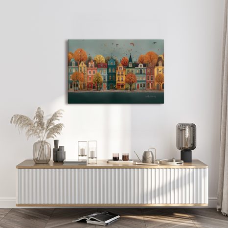 WANDBILD HERBSTLICHER ZAUBER DER STADTSTRASSE - BUNTE HÄUSER - BILDER