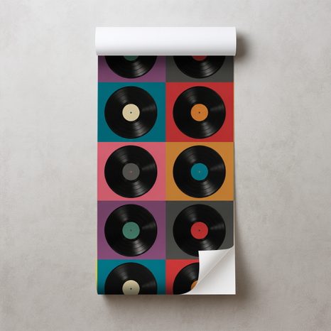 SAMOLEPILNA TAPETA RETRO VINILNE PLOŠČE NA BARVNEM OZADJU - GLASBENE FOTOTAPETE - TAPETE
