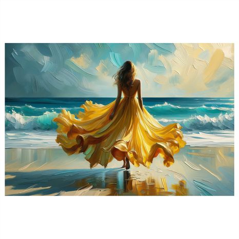 OBRAZ ŽENA V ŽLUTÝCH ŠATECH NA PLÁŽI - OBRAZY ŽENY - OBRAZY