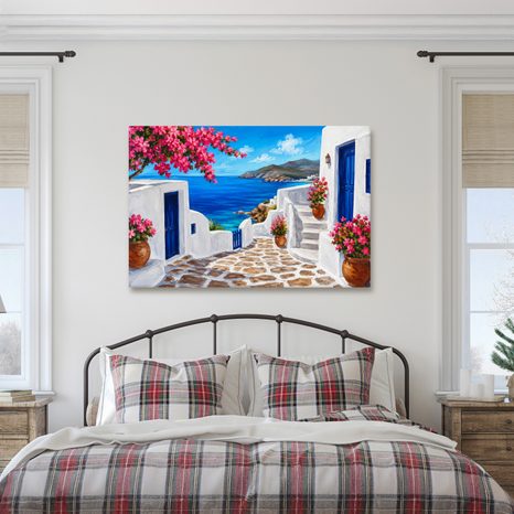 TABLEAU SUR TOILE – RUELLE EN BORD DE MER AUX FLEURS ROSES - TABLEAUX DE LA MER ET DE LA PLAGE - TABLEAUX