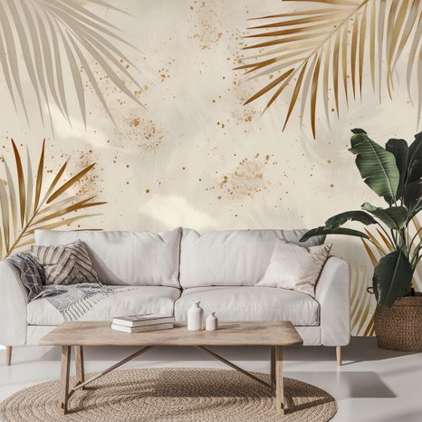 ZELFKLEVEND FOTOBEHANG GOUDEN PALMBLADEREN OP BEIGE - FOTOBEHANG BLADEREN - FOTOBEHANG