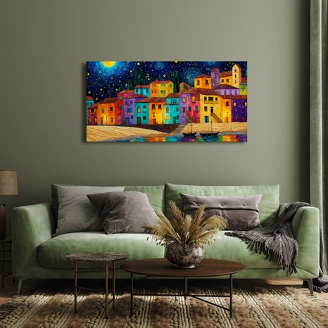 OBRAZ ZÁŘÍCÍ HVĚZDNÁ OBLOHA - BAREVNÉ DOMY - OBRAZY