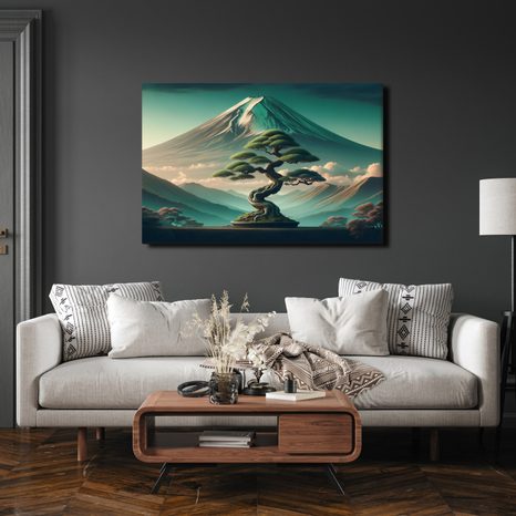 WANDBILD BONSAI UND BERG IM JAPANISCHEN STIL - BILDER VON BERGEN - BILDER