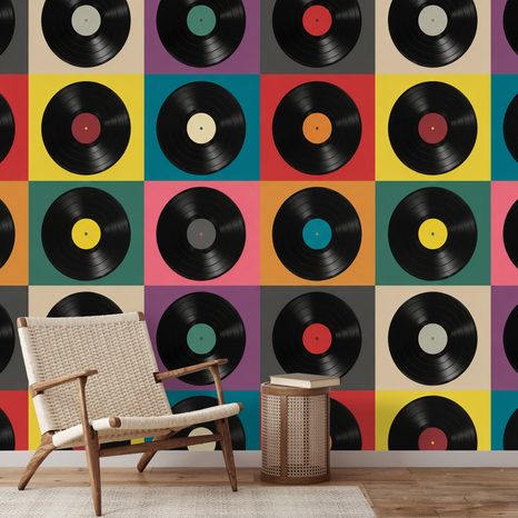 SAMOLEPILNA TAPETA RETRO VINILNE PLOŠČE NA BARVNEM OZADJU - GLASBENE FOTOTAPETE - TAPETE