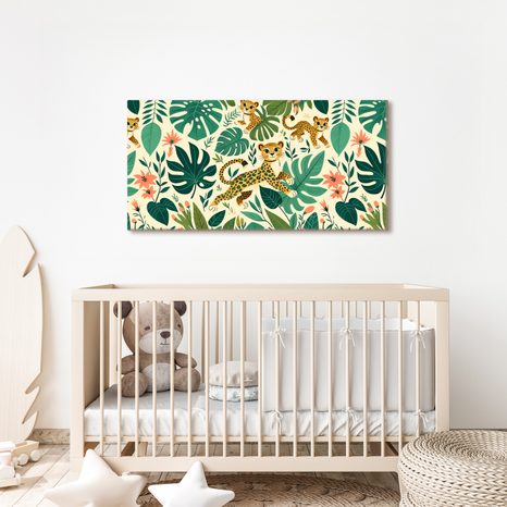 WANDBILD VERSPIELTE GEPARDEN UND BLÄTTER - KINDERBILDER TIERE - BILDER