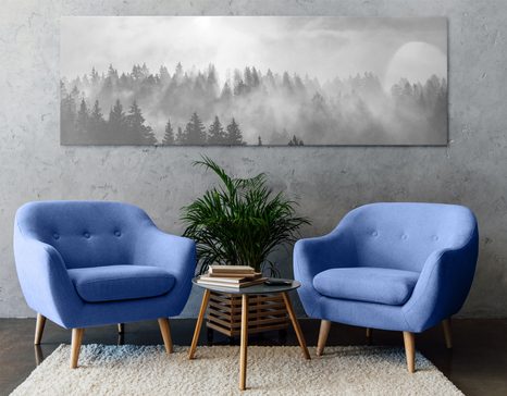 WANDBILD NEBEL ÜBER DEM WALD IN SCHWARZ-WEISS - SCHWARZ-WEISSE BILDER - BILDER