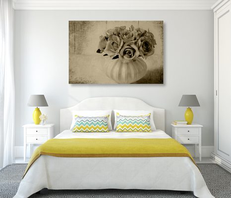 OBRAZ RŮŽE VE VÁZE V SÉPIOVÉM PROVEDENÍ - ČERNOBÍLÉ OBRAZY - OBRAZY