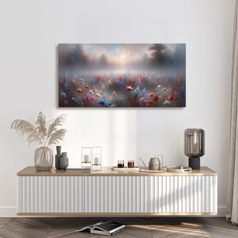 WANDBILD MORGENDLICHER NEBEL ÜBER BLUMEN - WANDBILDER FELDER UND WIESEN - BILDER