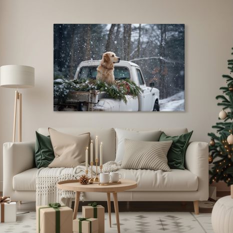OBRAZ VÁNOČNÍ PES NA ZASNĚŽENÉ KORBĚ - VÁNOČNÍ A ZIMNÍ OBRAZY - OBRAZY