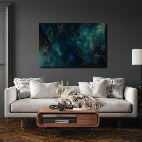 TABLEAU SUR TOILE – GALAXIE TURQUOISE AUX REFLETS DORÉS - IMAGES DE GALAXIE - TABLEAUX