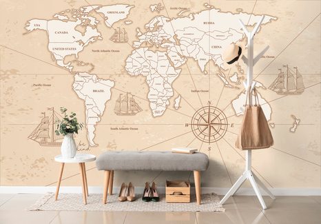 SAMOLEPÍCÍ TAPETA ZAJÍMAVÁ BÉŽOVÁ MAPA SVĚTA - SAMOLEPÍCÍ TAPETY - TAPETY