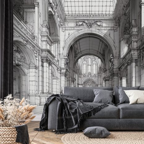SAMOLEPÍCÍ TAPETA HISTORICKÁ ARCHITEKTURA V ČERNOBÍLÉ KRESBĚ - ČERNOBÍLÉ TAPETY - TAPETY