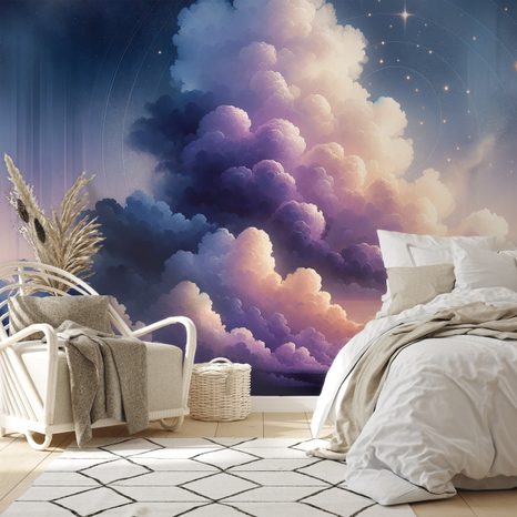 SAMOLEPÍCÍ TAPETA HVĚZDNÉ NEBE NAD OBLAČNOU KRAJINOU - TAPETY VESMÍR A HVĚZDY - TAPETY