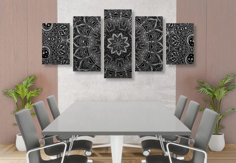 5-DELNA SLIKA ORIENTALSKA MANDALA V ČRNOBELI IZVEDBI - ČRNOBELE SLIKE - SLIKE
