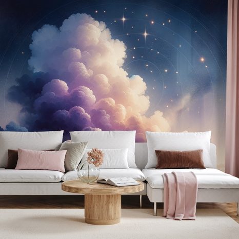 TAPETE STERNENHIMMEL ÜBER WOLKIGER LANDSCHAFT - UNIVERSUM- UND STERNE-TAPETEN - TAPETEN