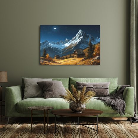 OBRAZ ZIMNÍ HORSKÁ CHALUPA V NOCI - BAREVNÉ DOMY - OBRAZY
