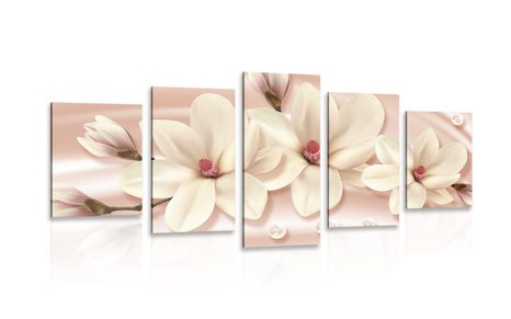 5-PIECE CANVAS PRINT LUXURIOUS MAGNOLIA WITH PEARLS - PICTURES FLOWERS - PICTURES