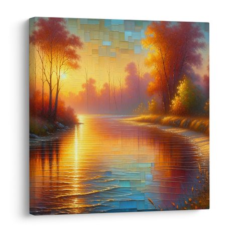 OBRAZ KLIDNÁ ŘEKA V PODZIMNÍM LESE - OBRAZY VÝCHOD A ZÁPAD SLUNCE - OBRAZY