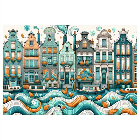 TABLOU CASE COLORATE LÂNGĂ UN CANAL ONDULAT - TABLOURI CU ORAȘE - TABLOURI