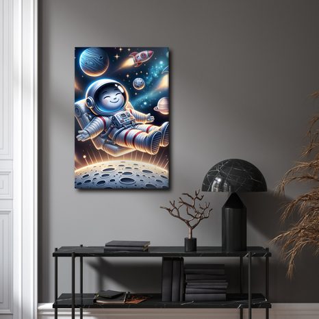 WANDBILD GLÜCKLICHER KOSMONAUT IM ALL - KINDERBILDER WELTRAUM - BILDER