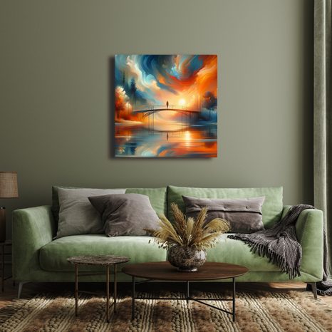 WANDBILD SONNENUNTERGANG ÜBER FLUSS MIT BRÜCKE - BILDER VON SONNENAUFGANG UND SONNENUNTERGANG - BILDER