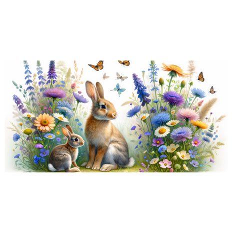 WANDBILD WIESENBLUMEN UND HÄSCHEN ZWISCHEN SCHMETTERLINGEN - KINDERBILDER TIERE - BILDER