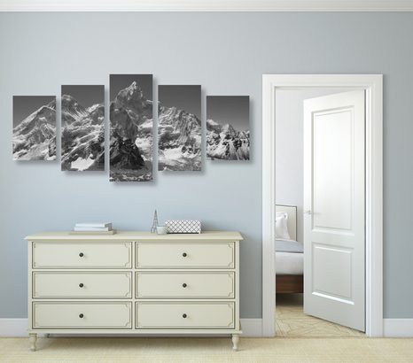 5-TEILIGES WANDBILD PRÄCHTIGER BERGGIPFEL IN SCHWARZ-WEISS - SCHWARZ-WEISSE BILDER - BILDER