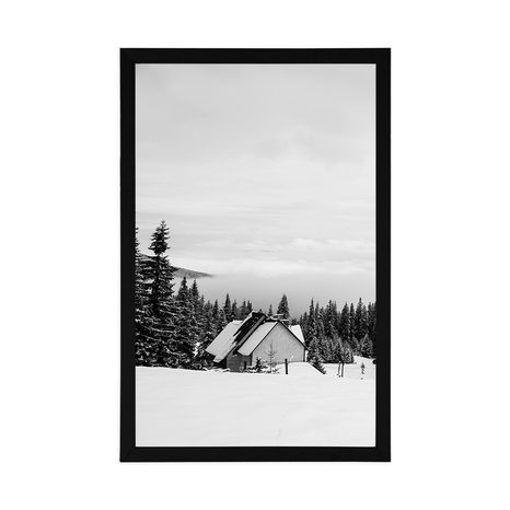 PLAKÁT CHALOUPKA V ZASNĚŽENÉ PŘÍRODĚ V ČERNOBÍLÉM PROVEDENÍ - ČERNOBÍLÉ - PLAKÁTY