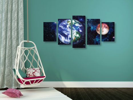 5-DIELNY OBRAZ PLANÉTA ZEM A ČERVENÝ MESIAC - OBRAZY VESMÍRU A HVIEZD - OBRAZY