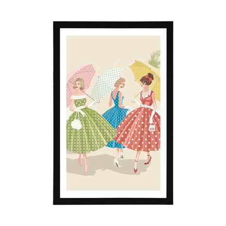 POSTER WITH MOUNT RETRO LADIES WITH UMBRELLAS - VINTAGE AND RETRO - POSTERS