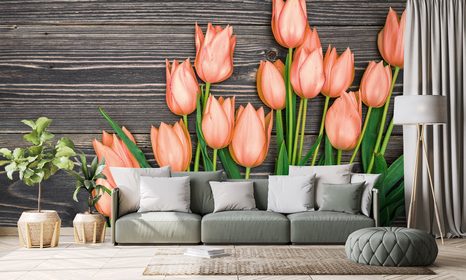 SAMOLEPÍCÍ FOTOTAPETA ORANŽOVÉ TULIPÁNY NA DŘEVĚNÉM PODKLADU - SAMOLEPÍCÍ TAPETY - TAPETY