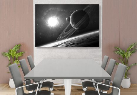 WANDBILD PLANET IM WELTRAUM IN SCHWARZ-WEISS - SCHWARZ-WEISSE BILDER - BILDER