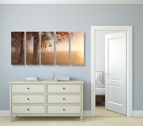 TABLOU 5-PIESE PĂDURE DE TOAMNĂ ÎN CEAȚĂ - TABLOU NATURĂ ȘI PEISAJE NATURALE - TABLOURI