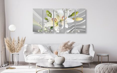 5-DÍLNÝ OBRAZ BÍLÁ LILIE NA ZAJÍMAVÉM POZADÍ - OBRAZY KVĚTŮ - OBRAZY