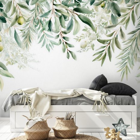 PAPIER PEINT PANORAMIQUE ADHÉSIF – BRANCHES D'OLIVIER VERTES SUR FOND BLANC - PAPIER PEINT FEUILLES - PAPIERS PEINTS PANORAMIQUES